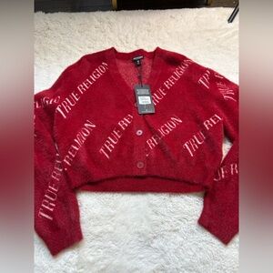 True Religion Vibrant Red fuzzy Women's Cardigan size small NWT